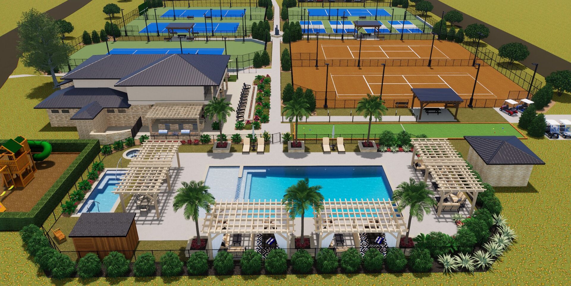 Aerial view of Lakecliff — racquet club courts, pool, and golf course in the Texas Hill Country